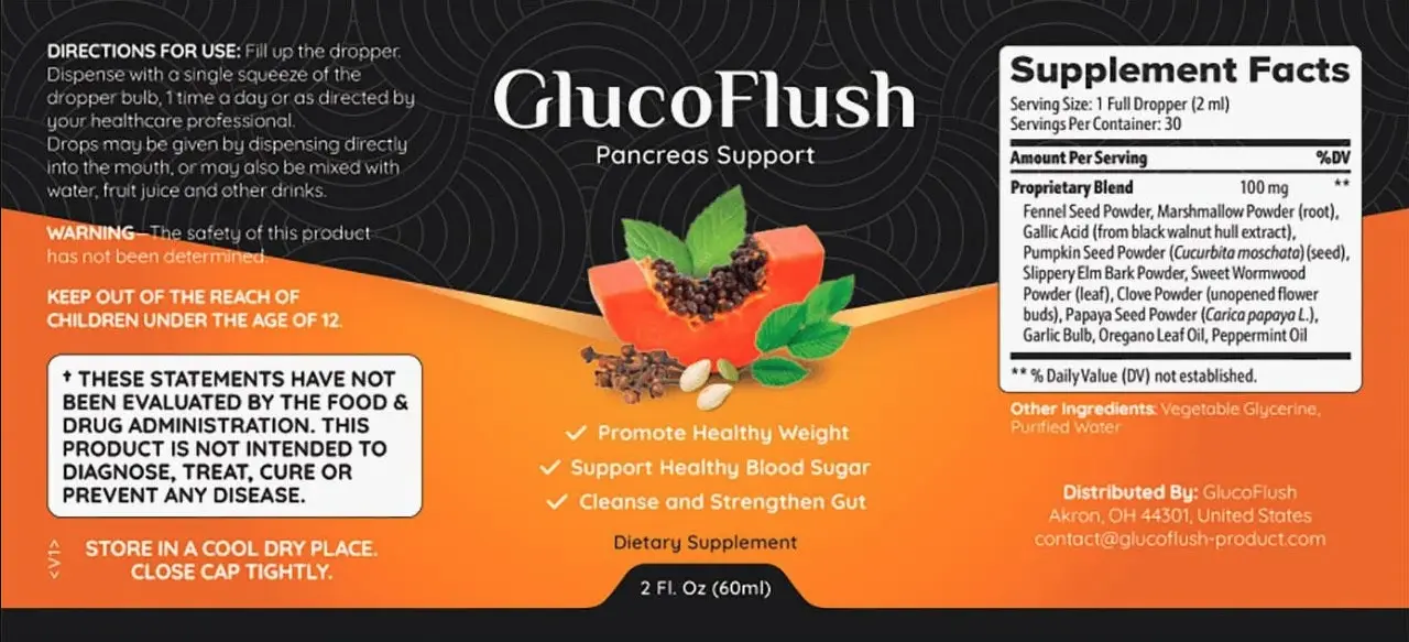 GlucoFlush Supplement Label - Full List of Ingredients, Directions for Use, and Supplement Facts. Supports blood sugar and gut health